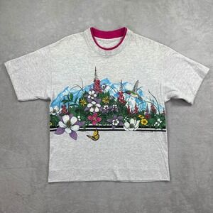 Vintage National Wildlife Habitat Shirt Women Medium Grey Nature Hummingbird 90s